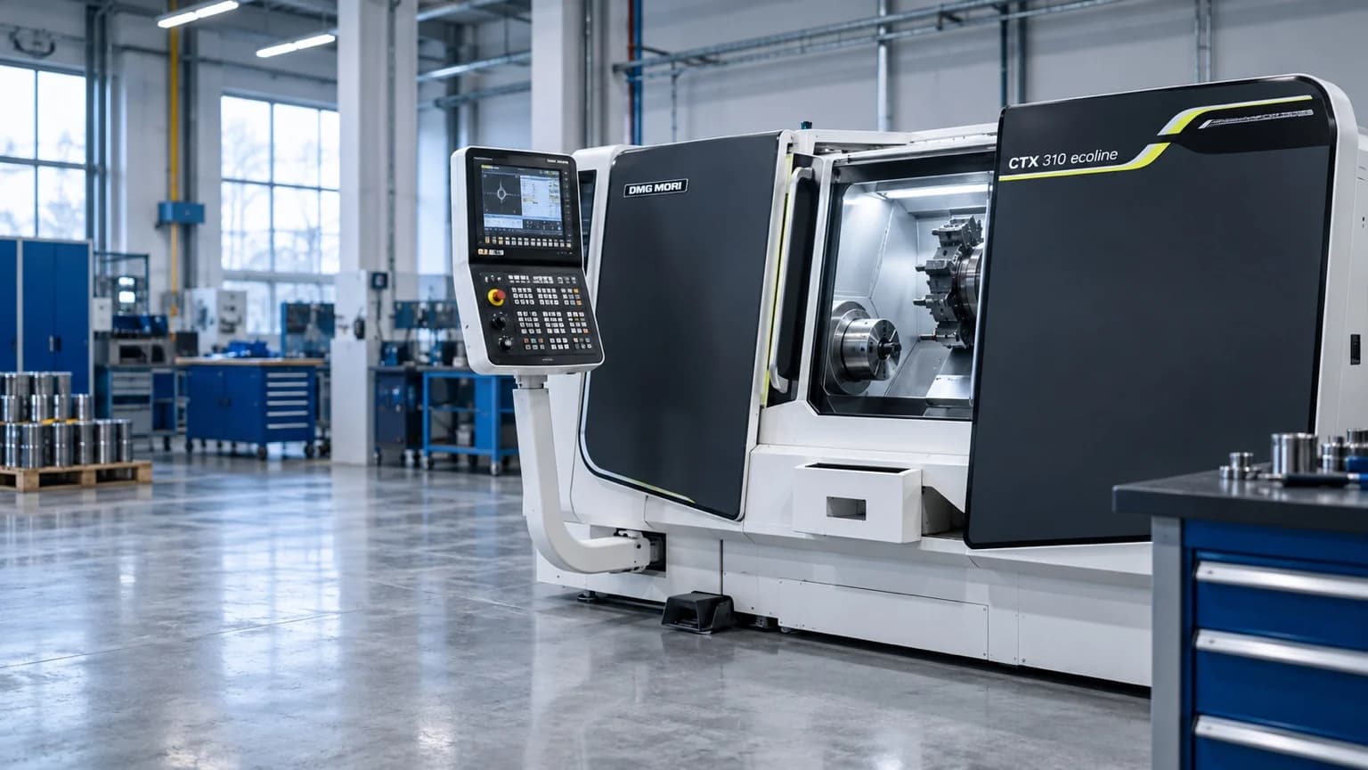 DMG MORI CTX 310 ecoline: панель управления и рабочая зона станка в светлом цехе